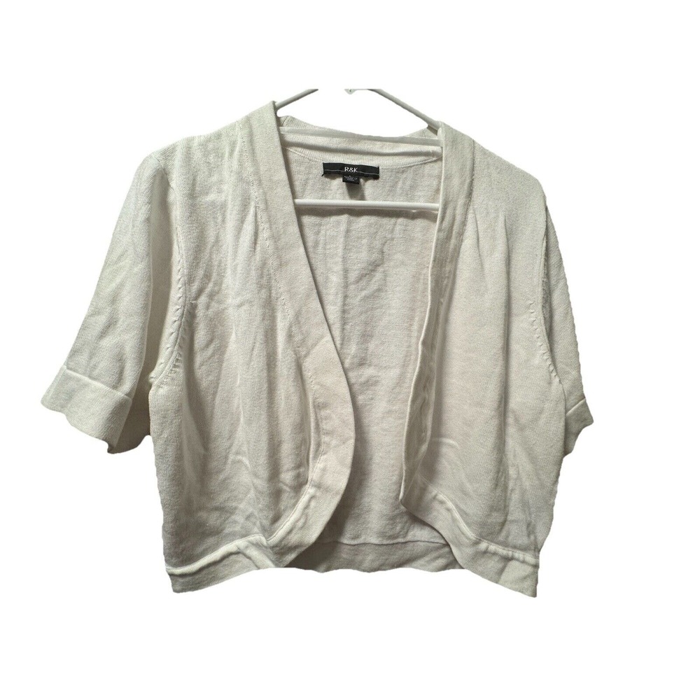 R&K Cream Short Sleeve Open Front Knit Cropped Cardigan Sweater‎ Shrug Large